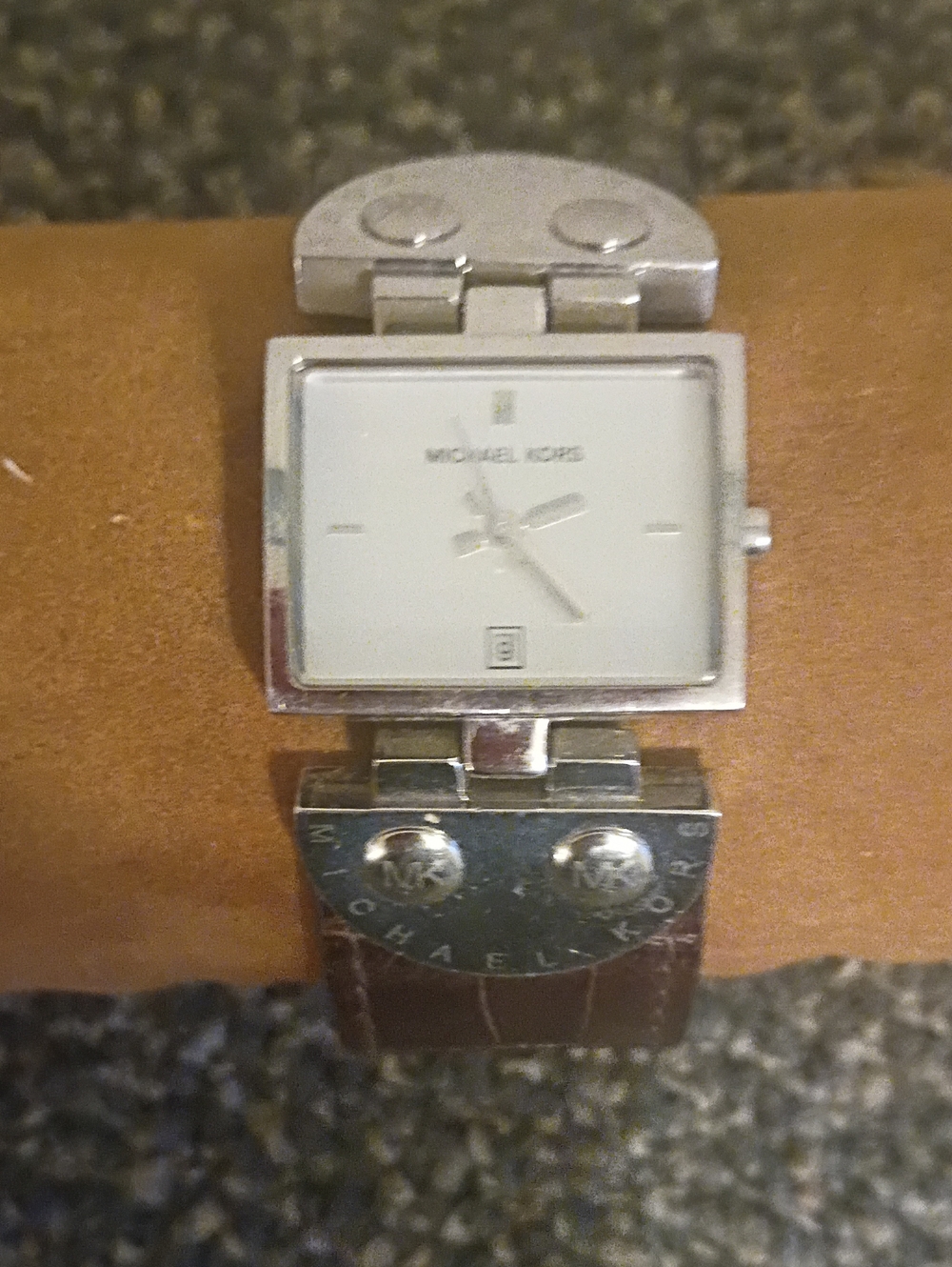 Michael Kors Silver Rectangular Dial Watch with Brown Leather Strap